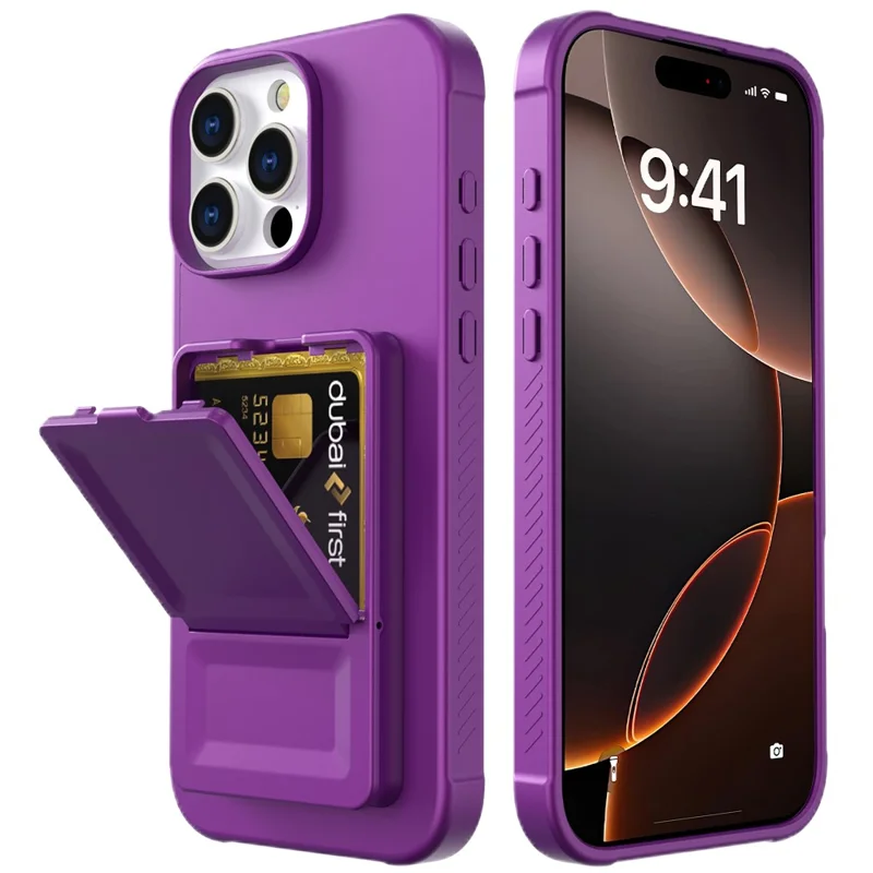 For iPhone 16 Pro Case Skin-Touch Card Holder TPU + PC Phone Cover with Mirror Kickstand - Dark Purple