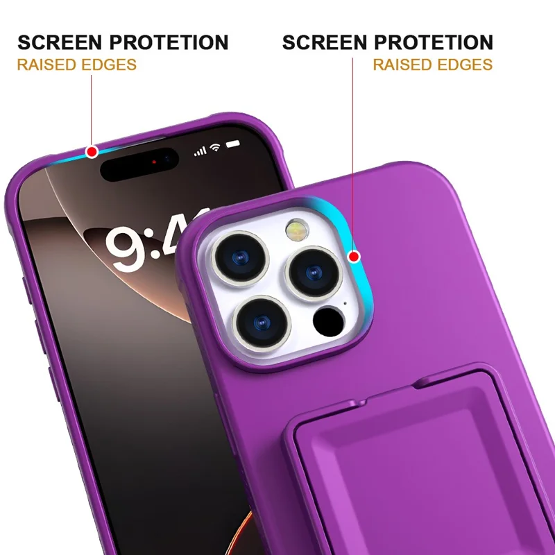 For iPhone 16 Pro Case Skin-Touch Card Holder TPU + PC Phone Cover with Mirror Kickstand - Dark Purple