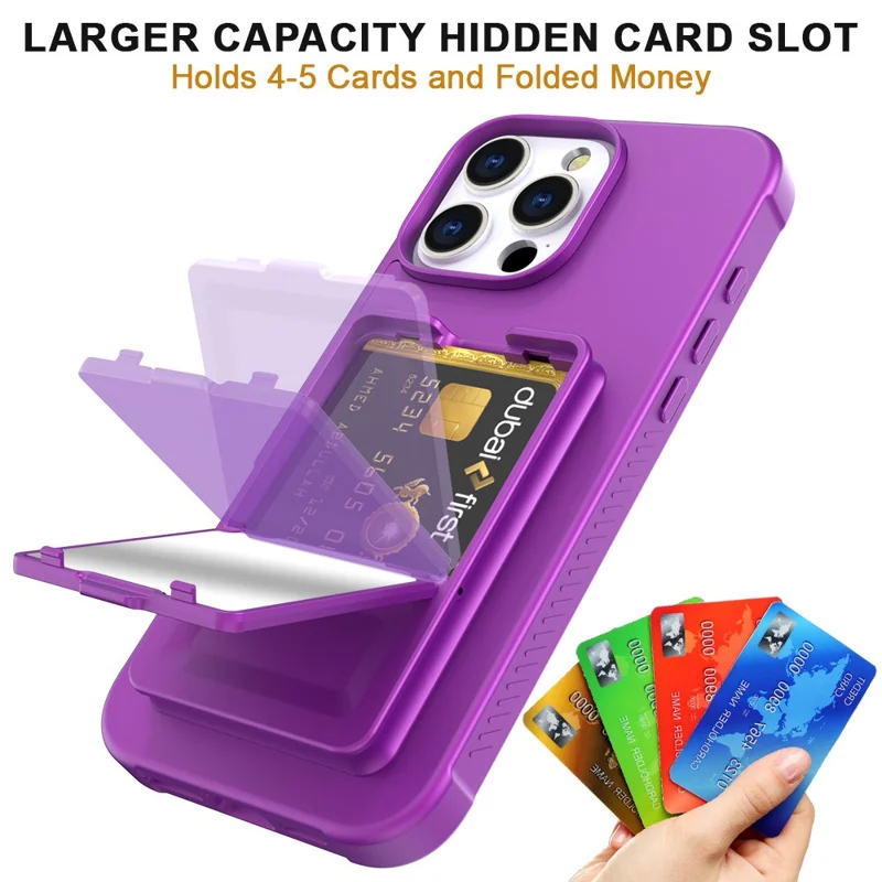 For iPhone 16 Pro Case Skin-Touch Card Holder TPU + PC Phone Cover with Mirror Kickstand - Dark Purple