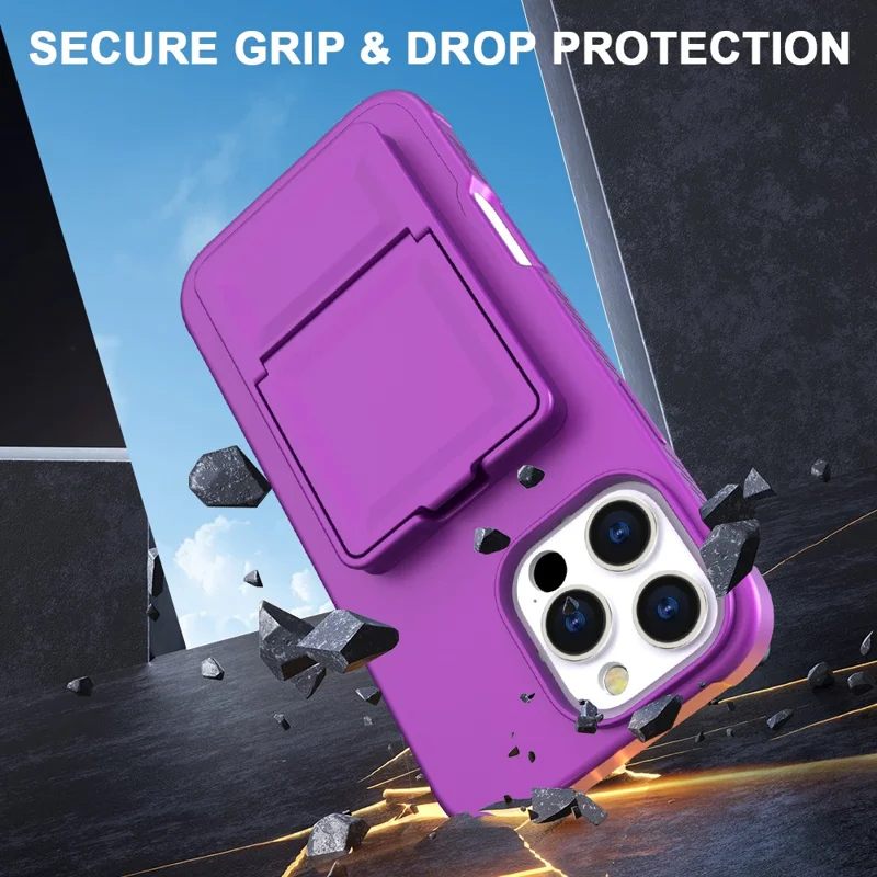 For iPhone 16 Pro Case Skin-Touch Card Holder TPU + PC Phone Cover with Mirror Kickstand - Dark Purple