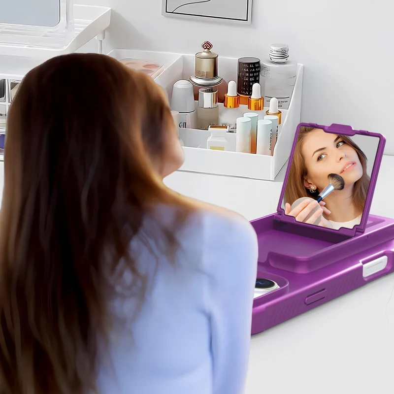 For iPhone 16 Pro Case Skin-Touch Card Holder TPU + PC Phone Cover with Mirror Kickstand - Dark Purple