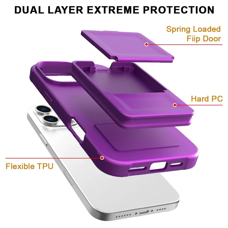 For iPhone 16 Pro Case Skin-Touch Card Holder TPU + PC Phone Cover with Mirror Kickstand - Dark Purple