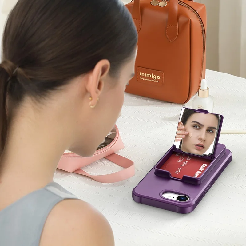 Funda para iPhone 16e con Soporte de Espejo, Tarjetero Táctil, TPU + PC - Morado Oscuro