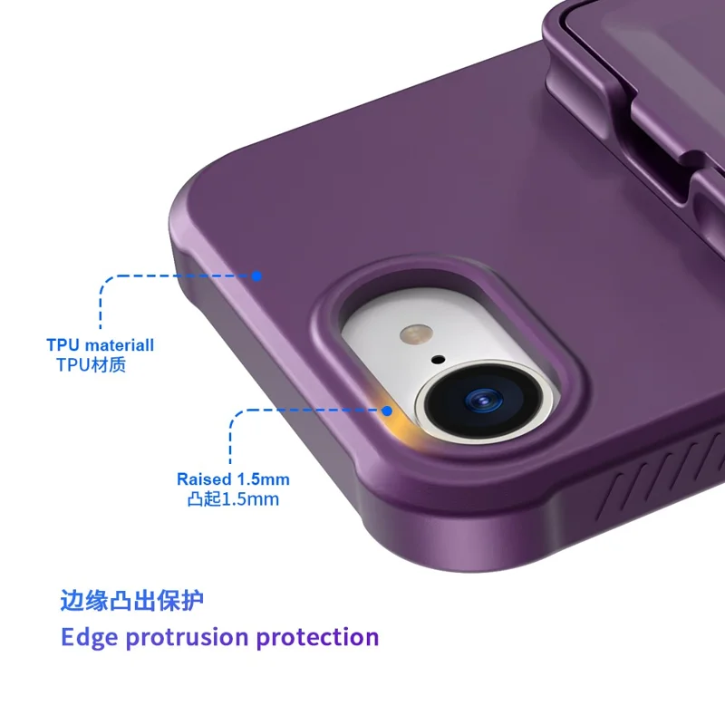 Funda para iPhone 16e con Soporte de Espejo, Tarjetero Táctil, TPU + PC - Morado Oscuro