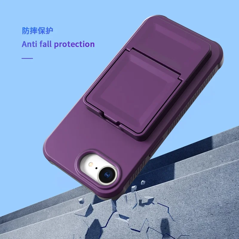 Funda para iPhone 16e con Soporte de Espejo, Tarjetero Táctil, TPU + PC - Morado Oscuro
