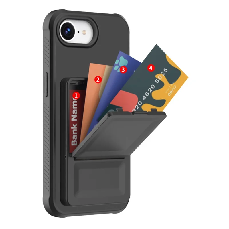 Funda para iPhone 16e con Soporte de Espejo, Tarjetero y Acabado Táctil - TPU + PC - Negro