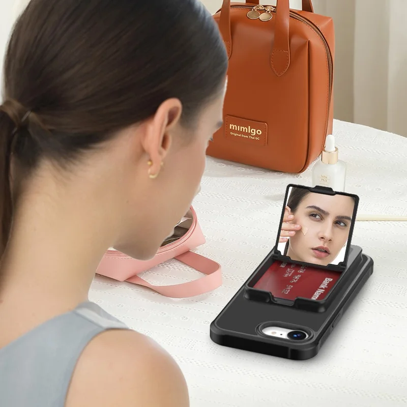 Funda para iPhone 16e con Soporte de Espejo, Tarjetero y Acabado Táctil - TPU + PC - Negro