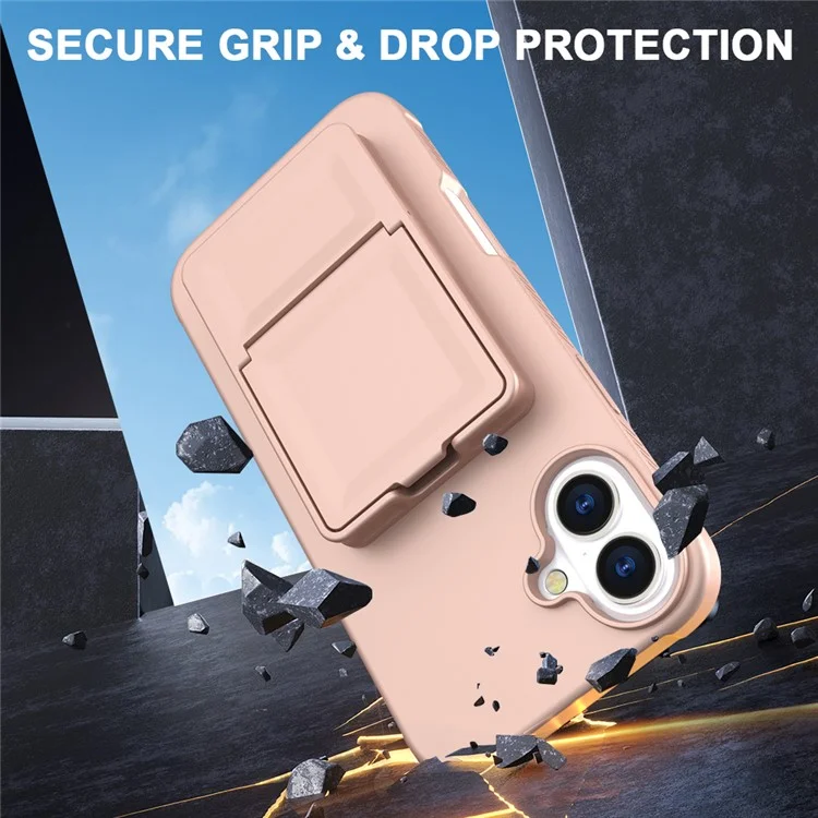 Cover per iPhone 16 Plus con Porta Carte Effetto Skin-Touch, TPU + PC con Specchio e Supporto - Oro Rosa