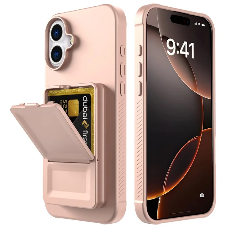Für iPhone 16 Hülle Skin-Touch Kartenhalter TPU + PC Handyhülle mit Spiegel-Ständer - Roségold