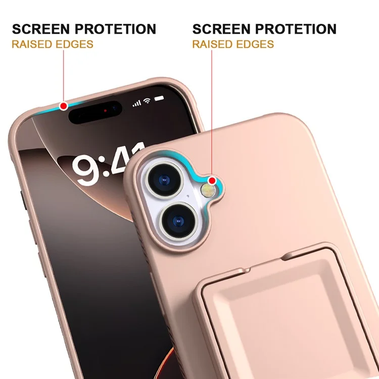 Für iPhone 16 Hülle Skin-Touch Kartenhalter TPU + PC Handyhülle mit Spiegel-Ständer - Roségold