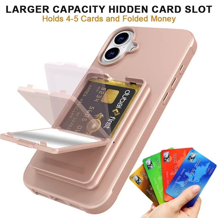 Für iPhone 16 Hülle Skin-Touch Kartenhalter TPU + PC Handyhülle mit Spiegel-Ständer - Roségold