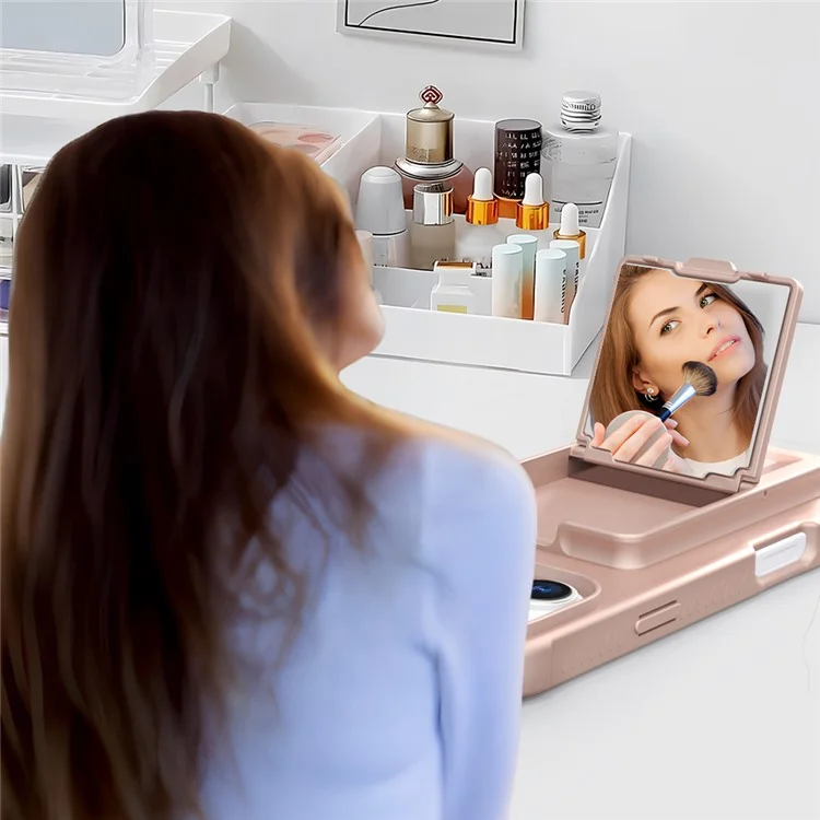 Für iPhone 16 Hülle Skin-Touch Kartenhalter TPU + PC Handyhülle mit Spiegel-Ständer - Roségold