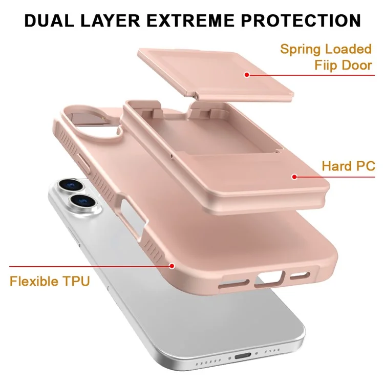 Für iPhone 16 Hülle Skin-Touch Kartenhalter TPU + PC Handyhülle mit Spiegel-Ständer - Roségold
