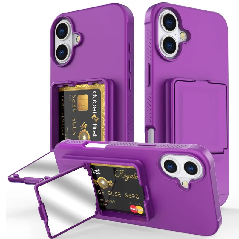 For iPhone 16 Case Skin-Touch Card Holder TPU + PC Phone Cover with Mirror Kickstand - Dark Purple