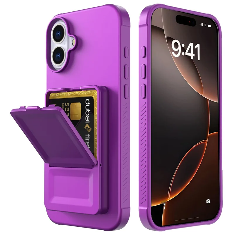 For iPhone 16 Case Skin-Touch Card Holder TPU + PC Phone Cover with Mirror Kickstand - Dark Purple