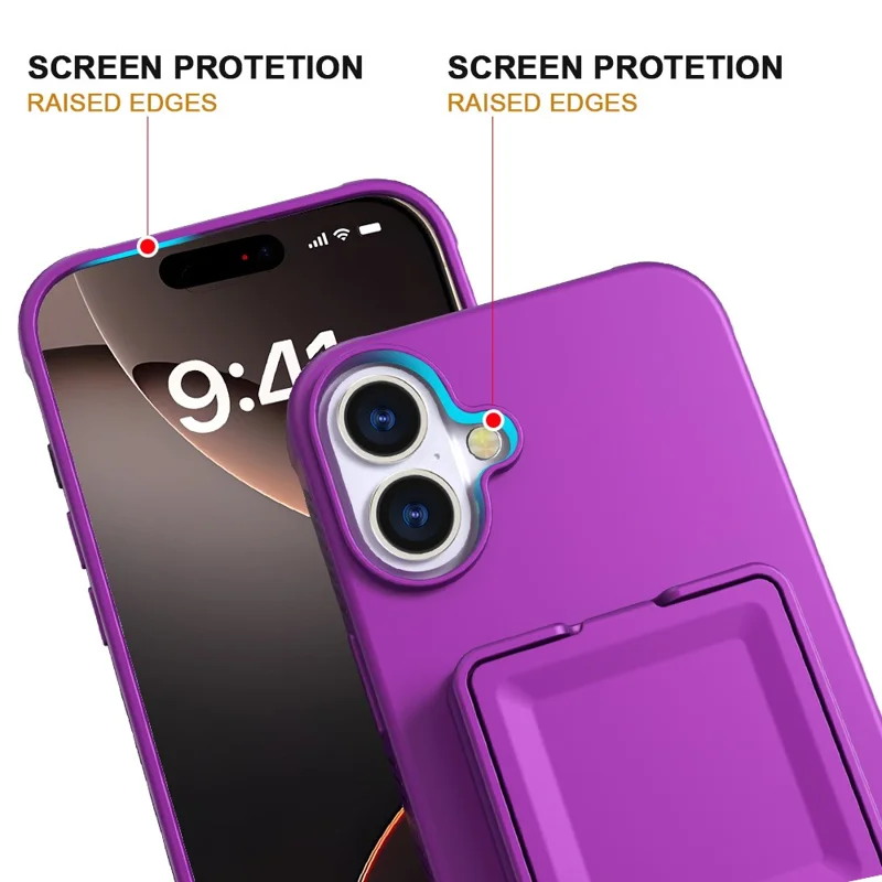 For iPhone 16 Case Skin-Touch Card Holder TPU + PC Phone Cover with Mirror Kickstand - Dark Purple