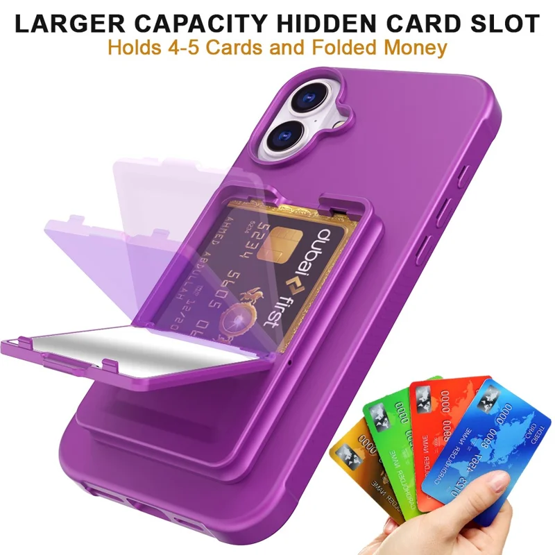 For iPhone 16 Case Skin-Touch Card Holder TPU + PC Phone Cover with Mirror Kickstand - Dark Purple