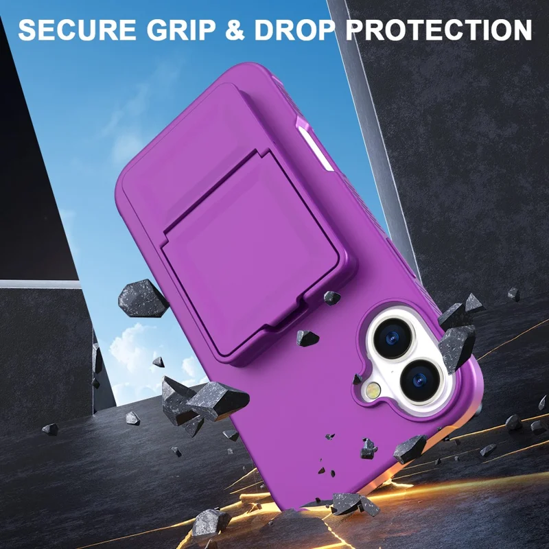For iPhone 16 Case Skin-Touch Card Holder TPU + PC Phone Cover with Mirror Kickstand - Dark Purple