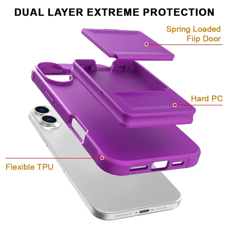 For iPhone 16 Case Skin-Touch Card Holder TPU + PC Phone Cover with Mirror Kickstand - Dark Purple