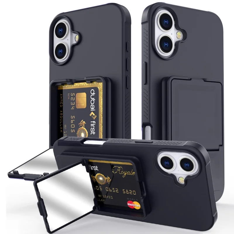 For iPhone 16 Case Skin-Touch Card Holder TPU + PC Phone Cover with Mirror Kickstand - Black