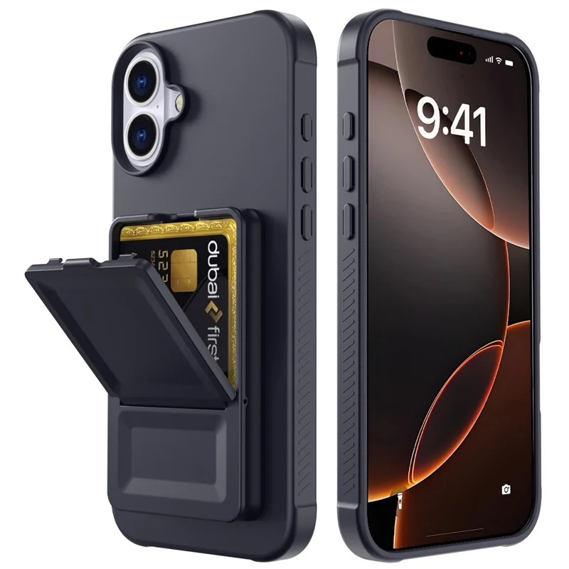 For iPhone 16 Case Skin-Touch Card Holder TPU + PC Phone Cover with Mirror Kickstand - Black