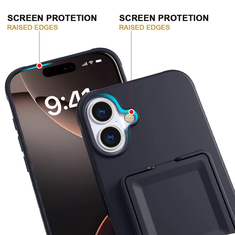 For iPhone 16 Case Skin-Touch Card Holder TPU + PC Phone Cover with Mirror Kickstand - Black