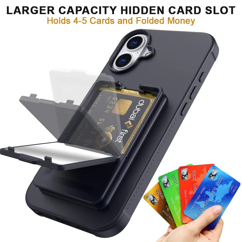 For iPhone 16 Case Skin-Touch Card Holder TPU + PC Phone Cover with Mirror Kickstand - Black