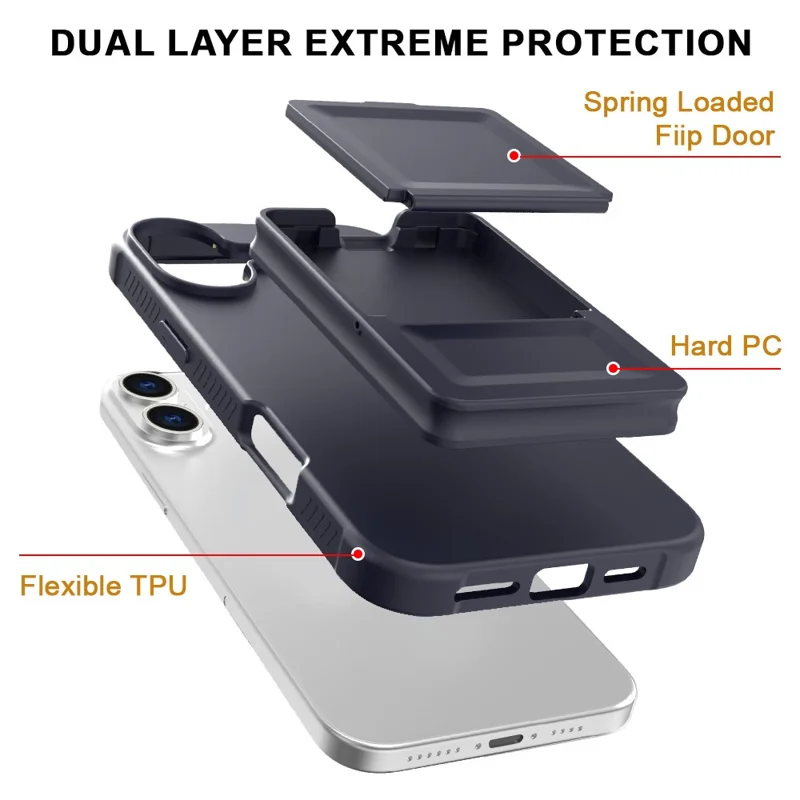 For iPhone 16 Case Skin-Touch Card Holder TPU + PC Phone Cover with Mirror Kickstand - Black