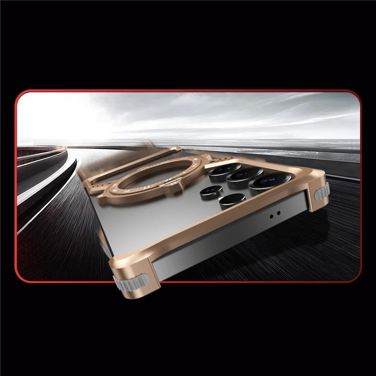 Cover per Samsung Galaxy S23 Ultra Magnetica con Supporto, Protezione Angoli Antiurto, Dissipazione del Calore, Cover Metallica per Telefono - Oro Deserto