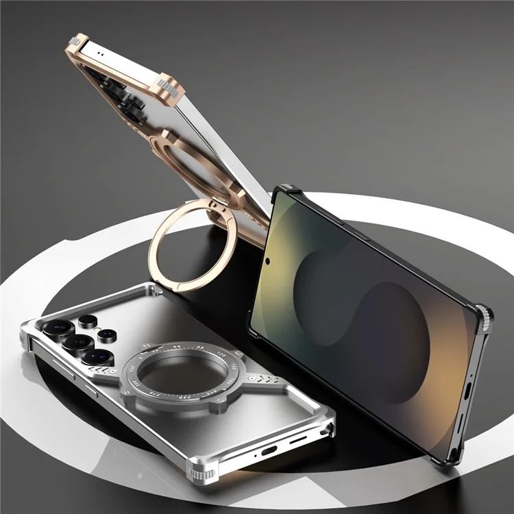 Cover per Samsung Galaxy S23 Ultra Magnetica con Supporto, Protezione Angoli Antiurto, Dissipazione del Calore, Cover Metallica per Telefono - Oro Deserto