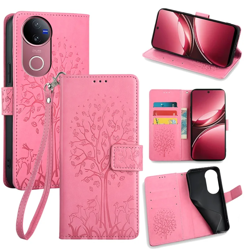 For vivo V50 5G Case PU Leather Wallet Phone Cover Tree Deer Imprinted - Pink