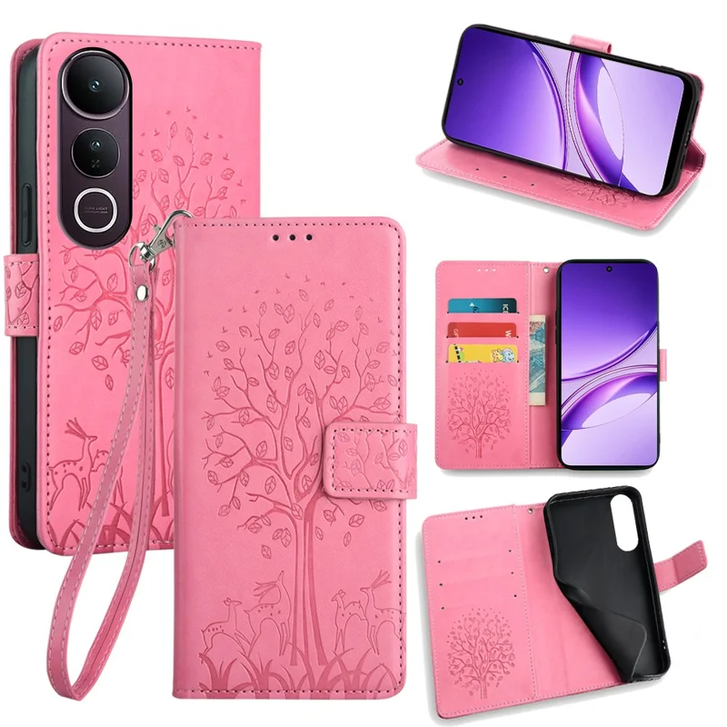 For vivo V50 Lite 5G Case PU Leather Wallet Phone Cover Tree Deer Imprinted - Pink