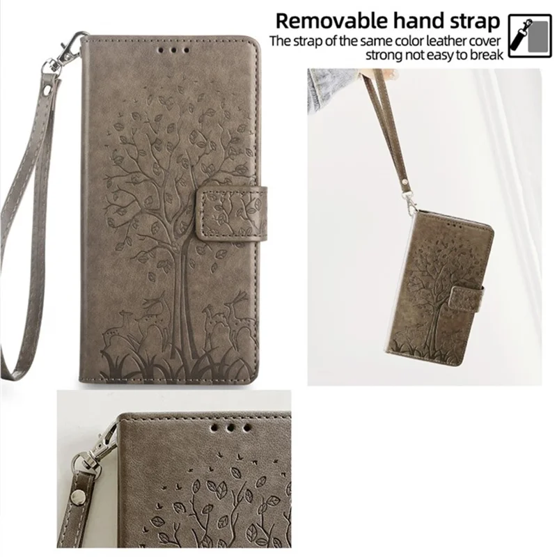For vivo V50 Lite 5G Case PU Leather Wallet Phone Cover Tree Deer Imprinted - Grey