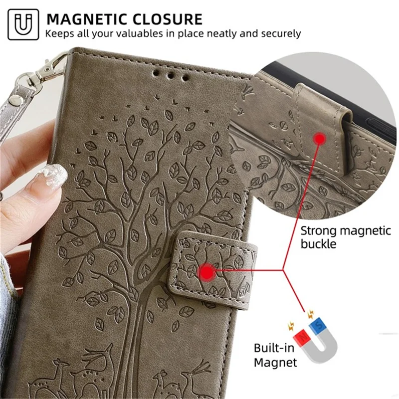 For vivo V50 Lite 5G Case PU Leather Wallet Phone Cover Tree Deer Imprinted - Grey
