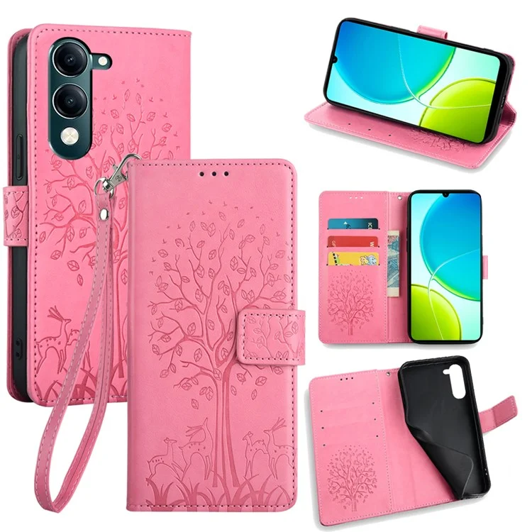Capa para vivo Y29s 5G / Y04 4G em Couro PU com Carteira e Estampa de Árvore e Veado - Rosa