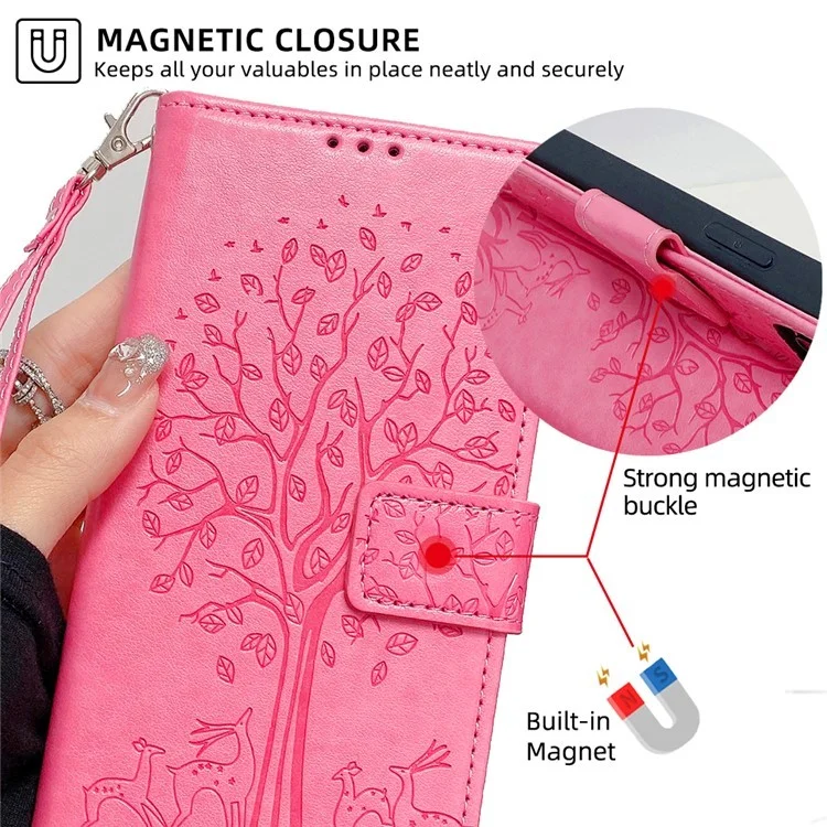Capa para vivo Y29s 5G / Y04 4G em Couro PU com Carteira e Estampa de Árvore e Veado - Rosa