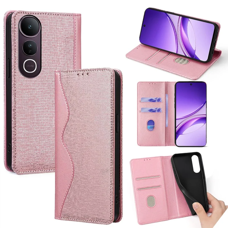 For vivo V50 Lite 5G Case Wave Shape RFID Blocking PU Leather Wallet Stand Phone Cover - Rose Gold