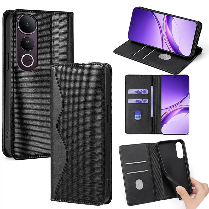 For vivo V50 Lite 5G Case Wave Shape RFID Blocking PU Leather Wallet Stand Phone Cover - Black