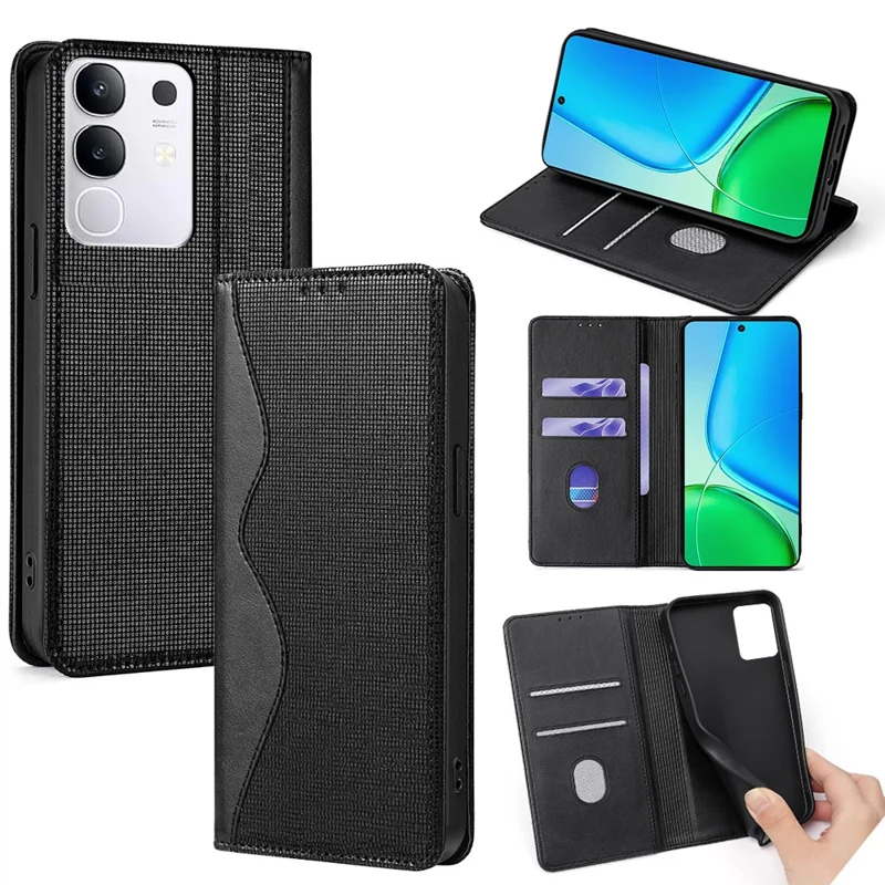For vivo Y29 4G Case Wave Shape RFID Blocking PU Leather Wallet Stand Phone Cover - Black