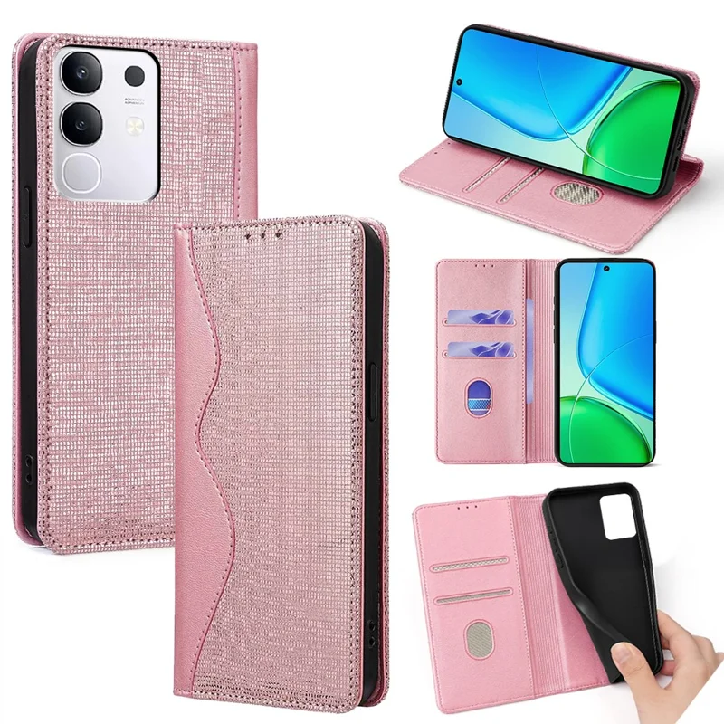 For vivo Y29 4G Case Wave Shape RFID Blocking PU Leather Wallet Stand Phone Cover - Rose Gold