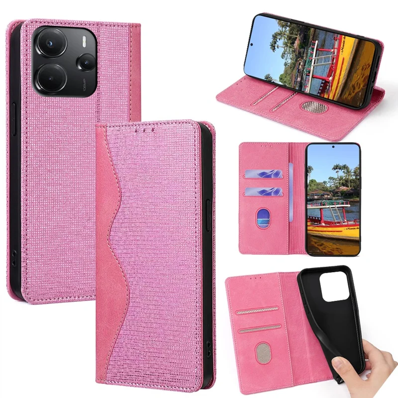 For Xiaomi Redmi Note 14 4G (164.84mm) Case Wave Shape RFID Blocking PU Leather Wallet Stand Phone Cover - Pink