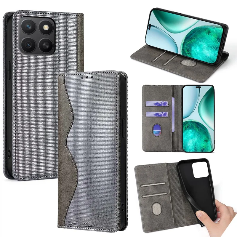 For Honor X8c 4G Case Wave Shape RFID Blocking PU Leather Wallet Stand Phone Cover - Grey