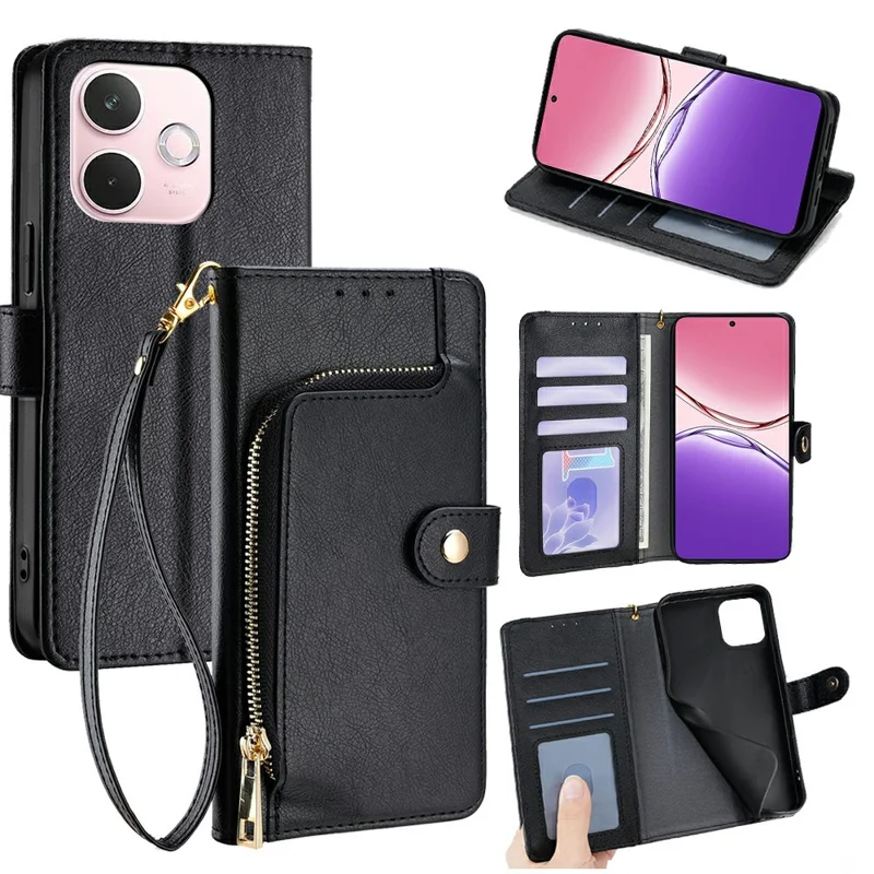 For Oppo A5 Pro 4G (Global) / 5G (Global) / A5 Energy 5G (China) Case Zipper Pocket PU Leather Wallet Flip Phone Cover - Black