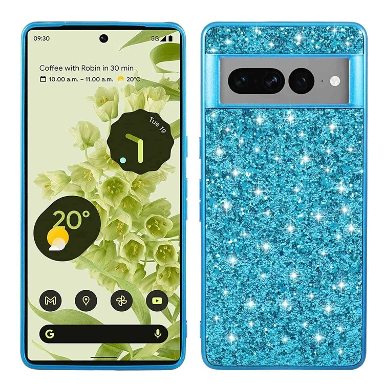 Für Google Pixel 7 Pro 5G Schillernde Glitter-Pailletten-Schutzhülle Elektroplattierter TPU-Rahmen Hartkunststoff-Rückseite - Blau