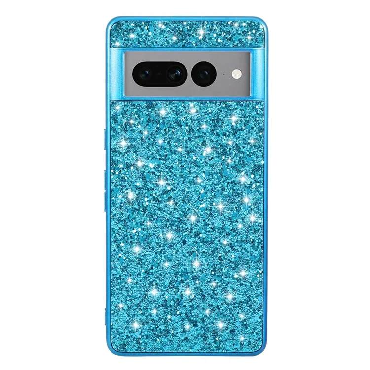 Für Google Pixel 7 Pro 5G Schillernde Glitter-Pailletten-Schutzhülle Elektroplattierter TPU-Rahmen Hartkunststoff-Rückseite - Blau