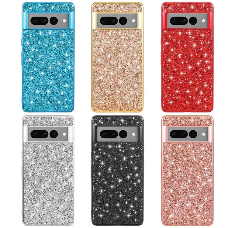 Für Google Pixel 7 Pro 5G Schillernde Glitter-Pailletten-Schutzhülle Elektroplattierter TPU-Rahmen Hartkunststoff-Rückseite - Blau