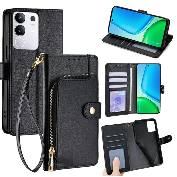 Capa para vivo Y29 4G Bolso com Zíper Carteira de Couro PU Flip Cover - Preto