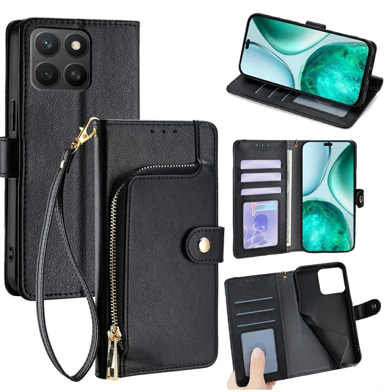 Voor Honor X8c 4G hoesje met ritssluiting en portemonnee van PU-leer - Zwart