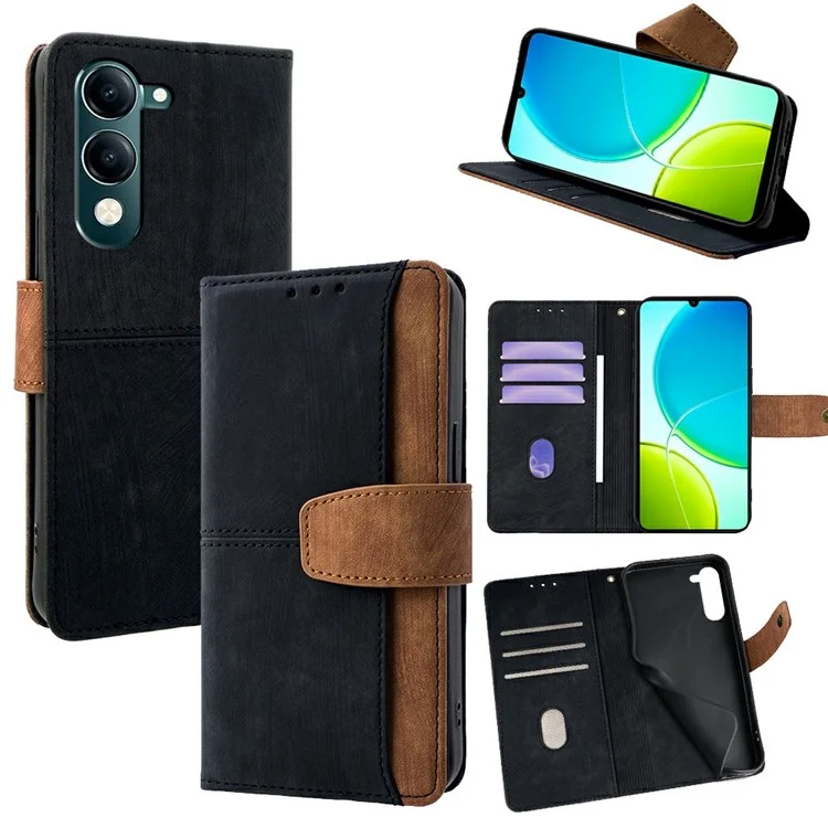 Capa para vivo Y29s 5G / Y04 4G com Bloqueio RFID, Divisão de Cores, Couro PU, Carteira para Celular - Preto