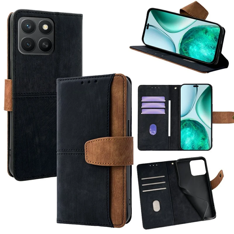 For Honor X8c 4G Case RFID Blocking Color Splicing PU Leather Wallet Phone Cover - Black